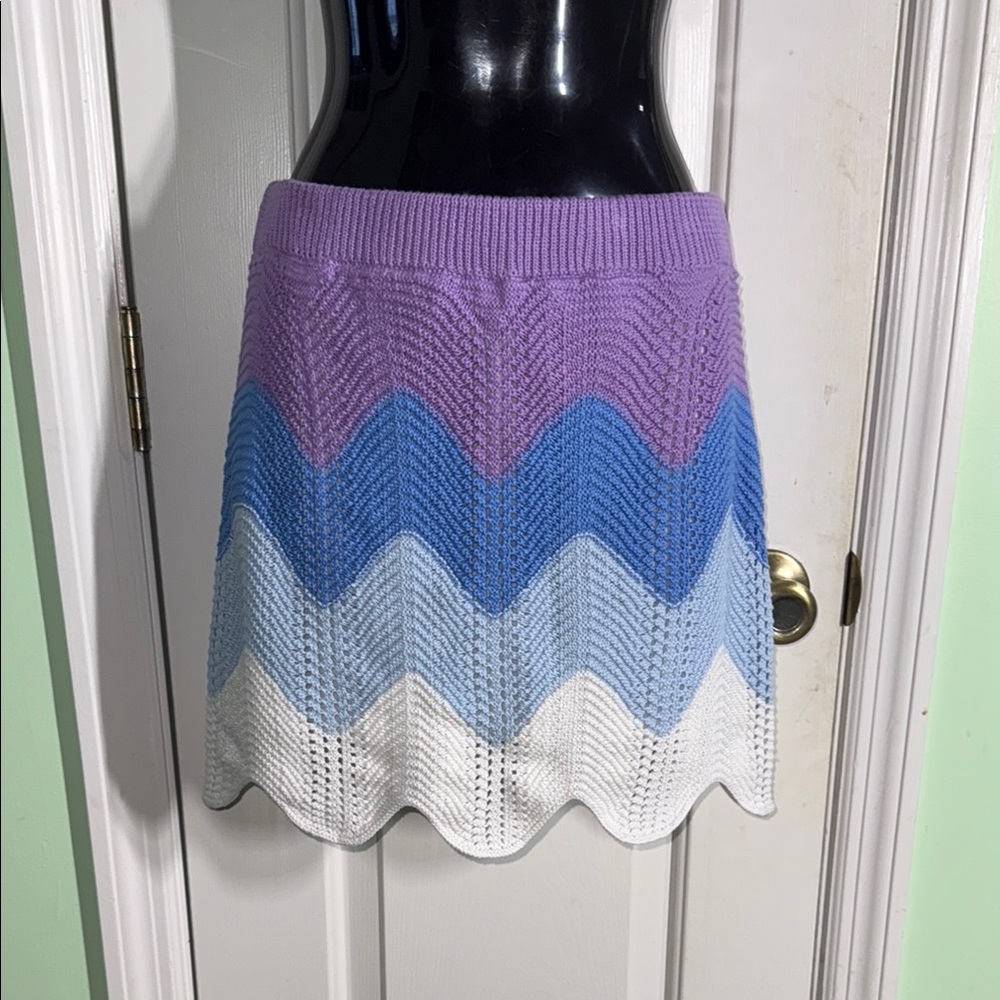 Storia Purple & Blue Colorblock Knit Scallop Hem Mini Skirt 100% Cotton Size M
